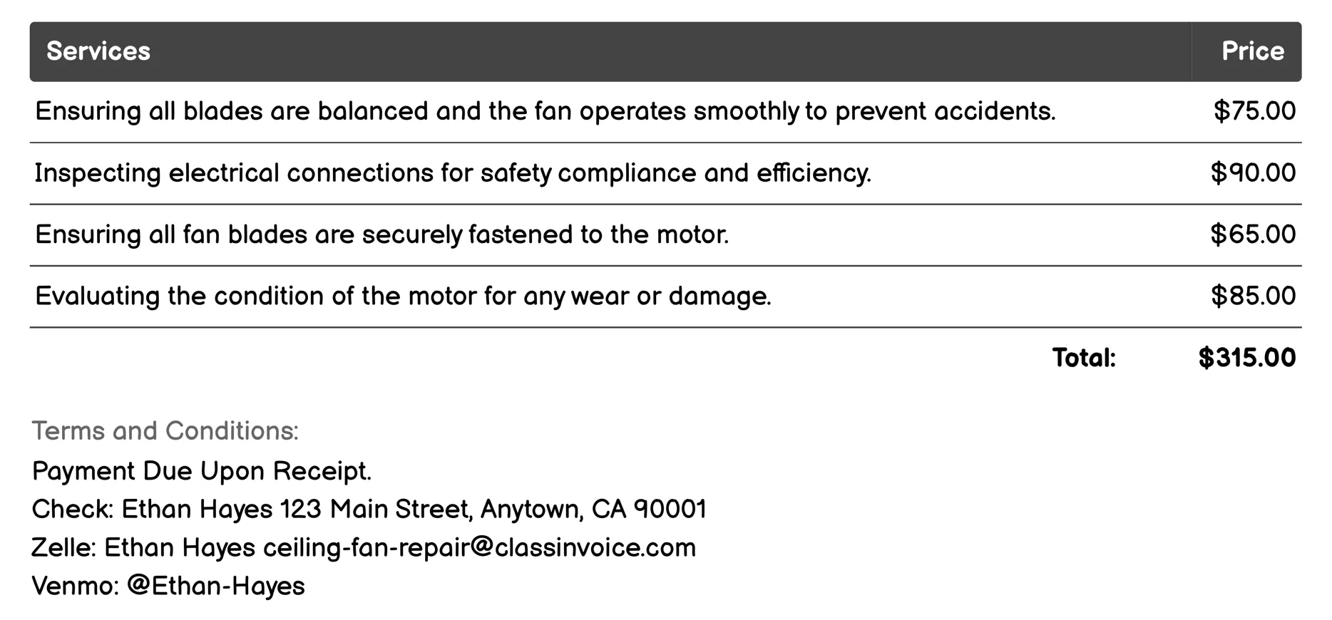 Safety Inspection Invoice Example