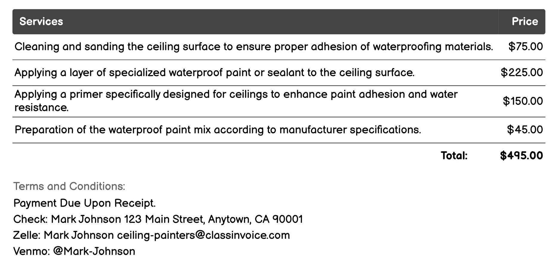 Ceiling Waterproofing and Sealing Invoice Example