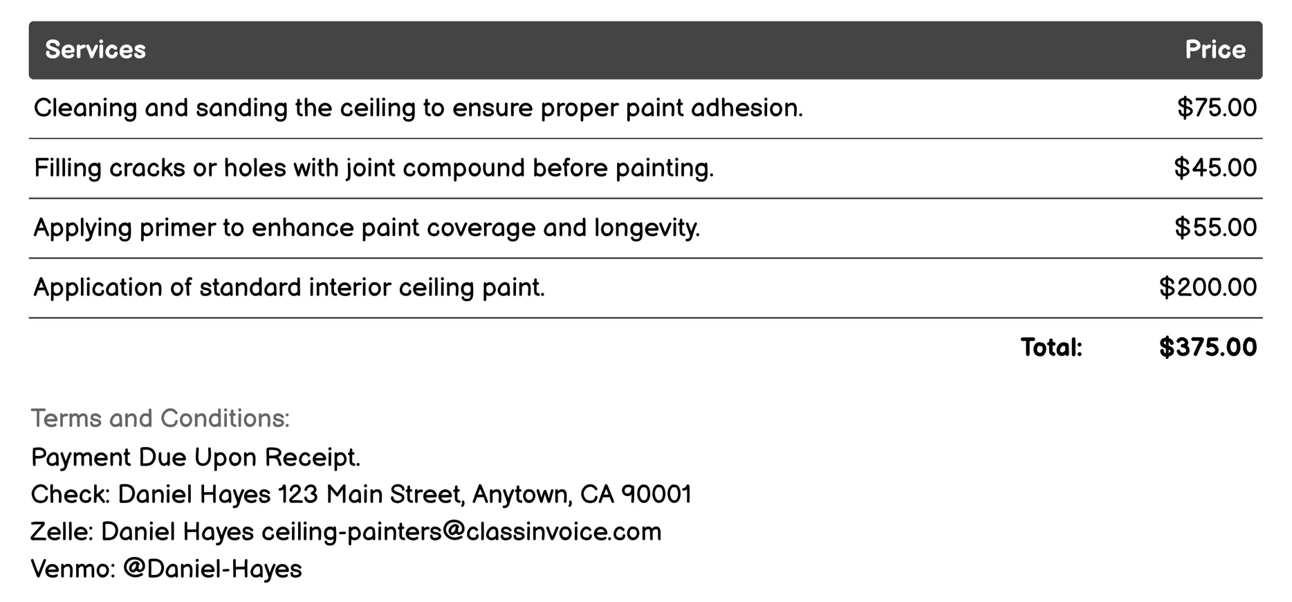 Standard Interior Painting Invoice Example