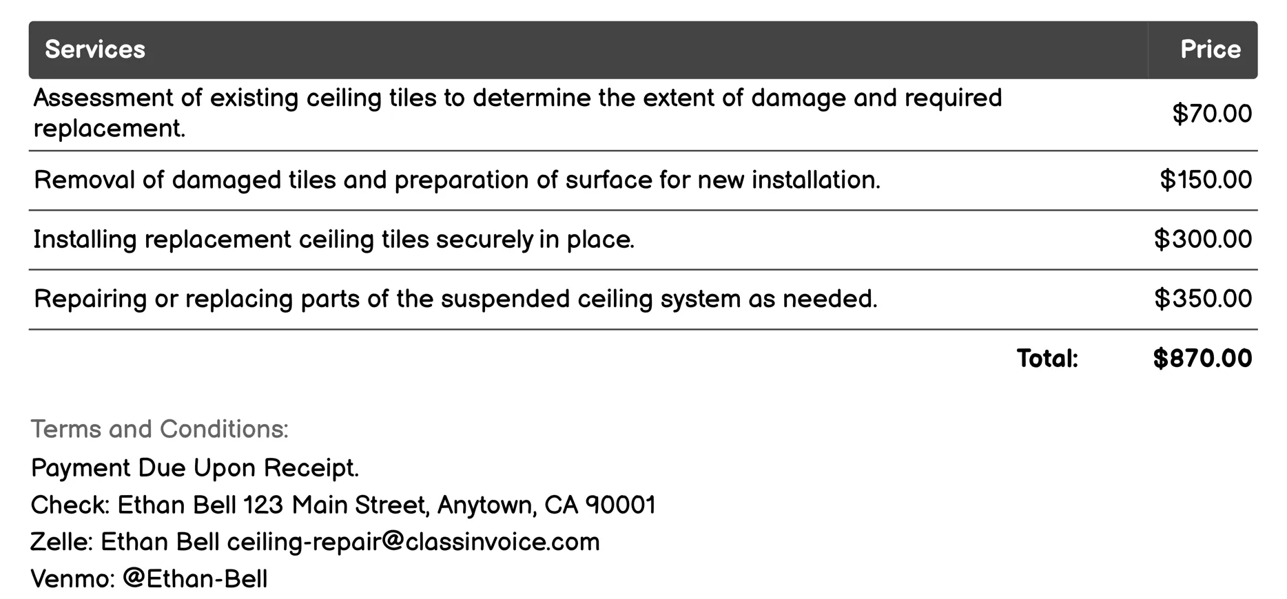 Ceiling Tile Replacement Invoice Example