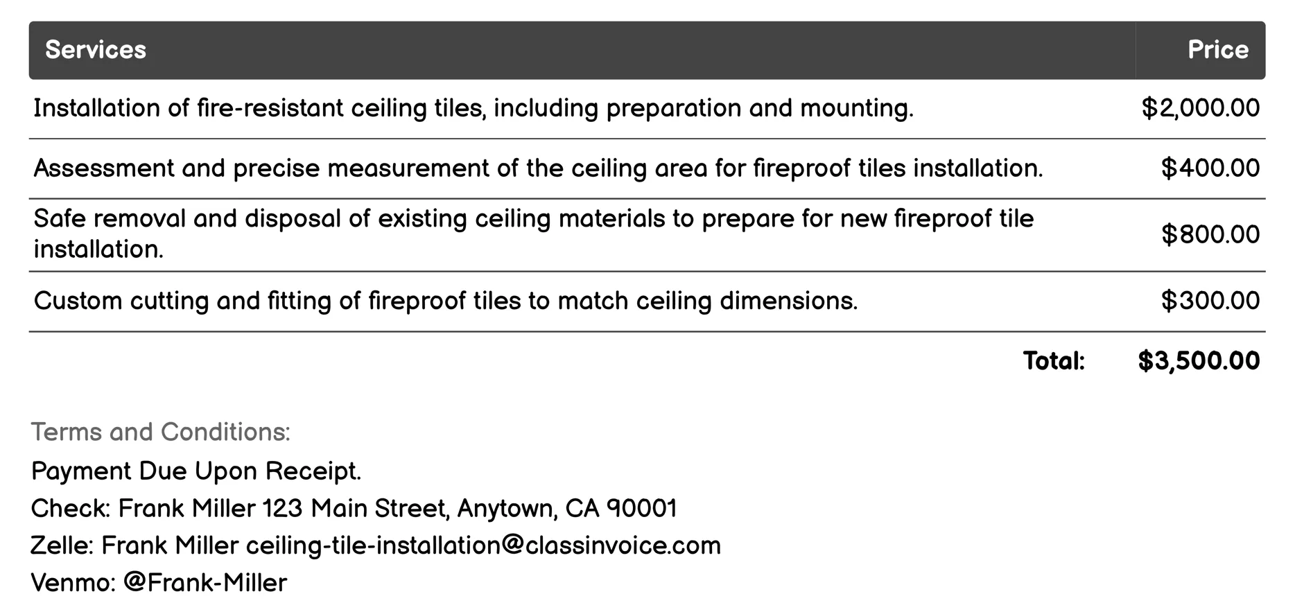 Fireproof Ceiling Tile Installation Invoice Example