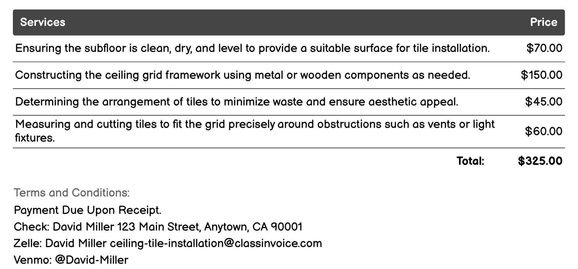 Perforated Ceiling Tile Installation Invoice Example