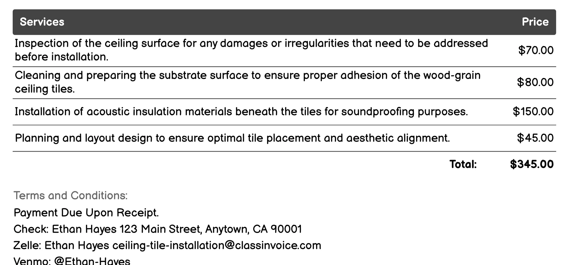 Wood-Grain Ceiling Tile Installation Invoice Example