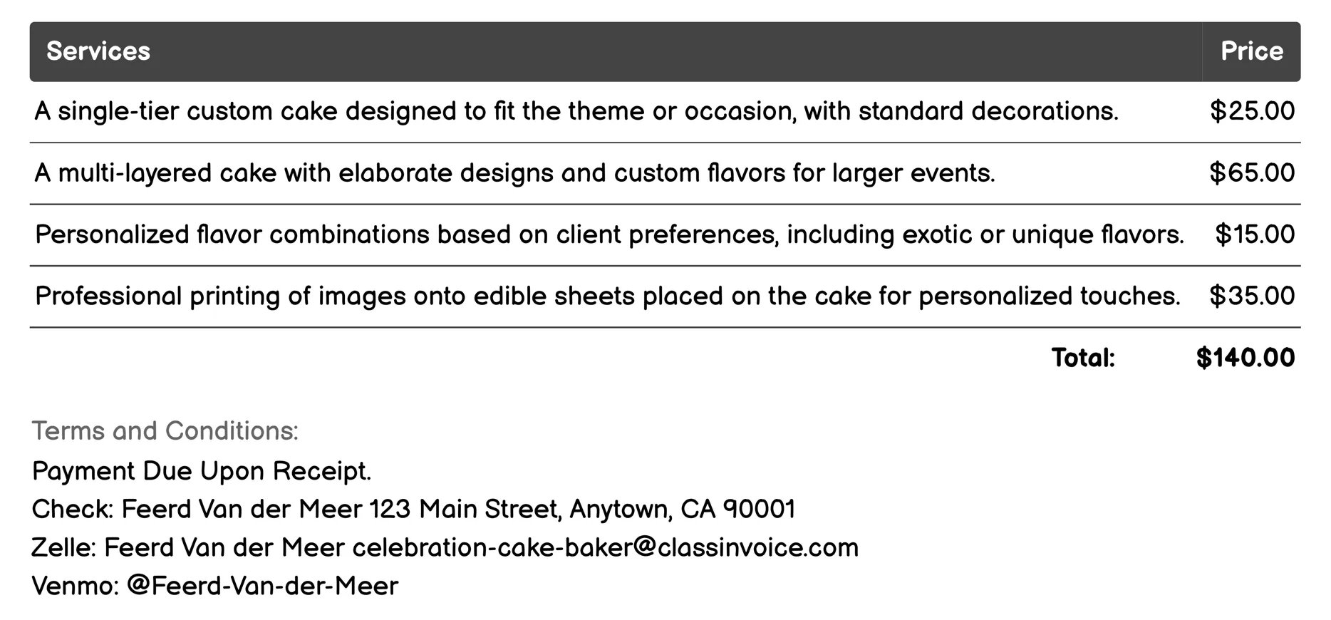 Custom Celebration Cakes Invoice Example