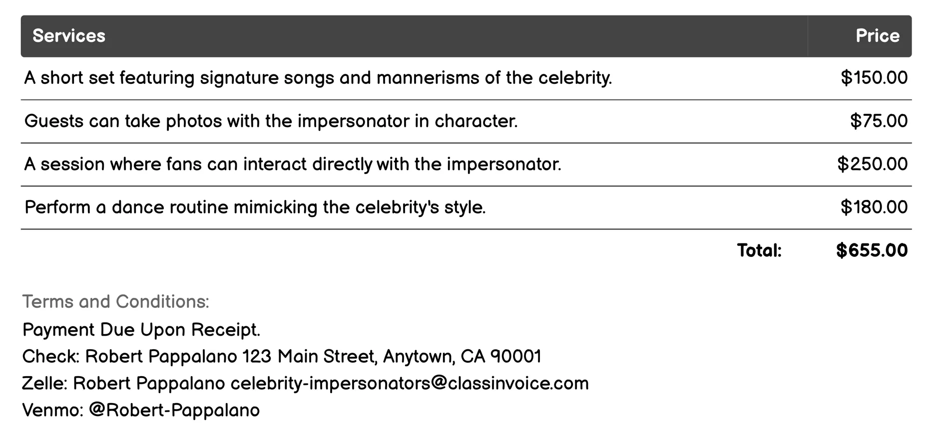 Concert Guest Star Invoice Example
