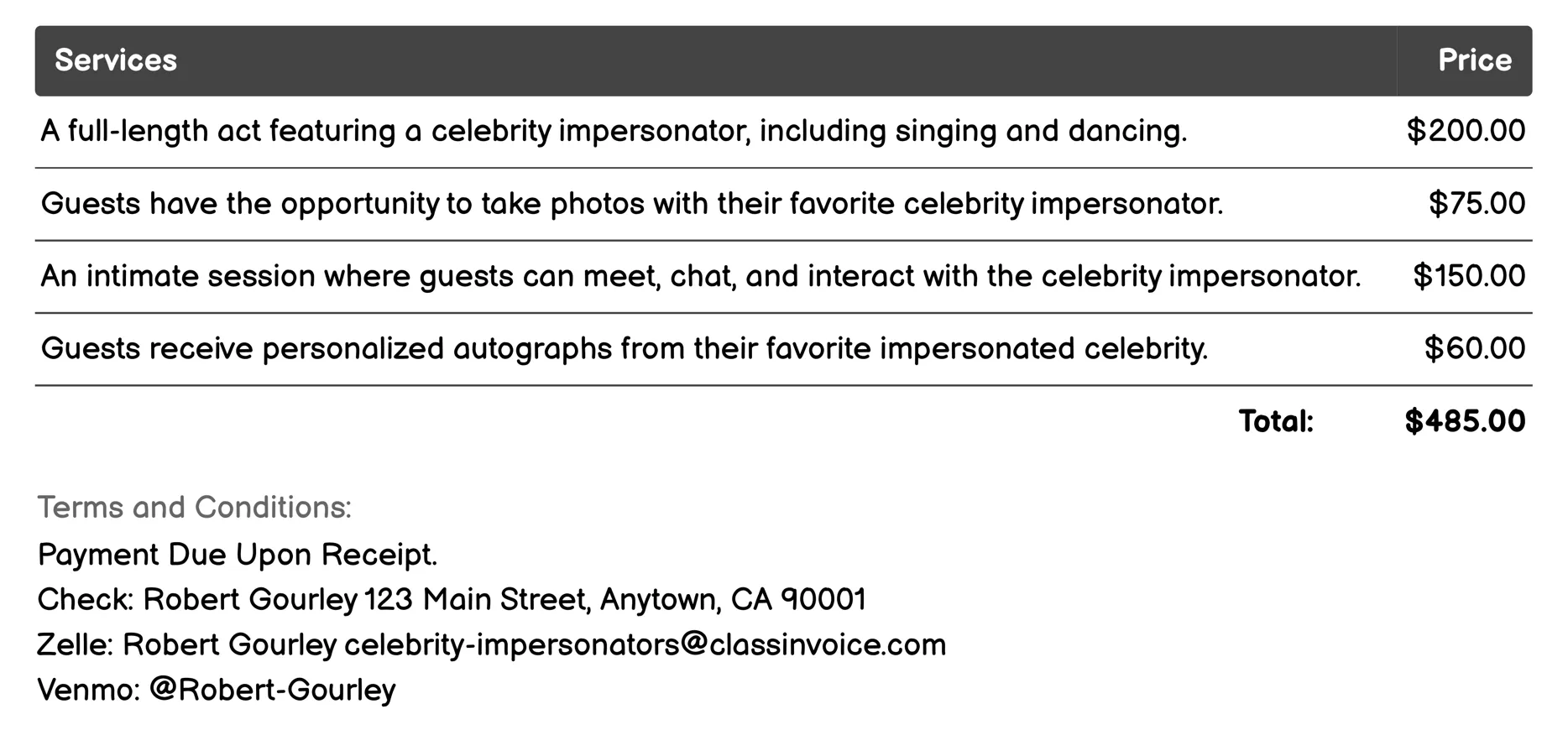 Private Party Entertainer Invoice Example