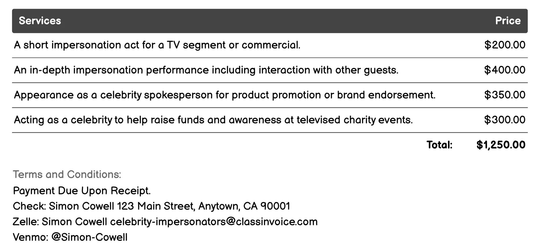 Television Appearance Invoice Example