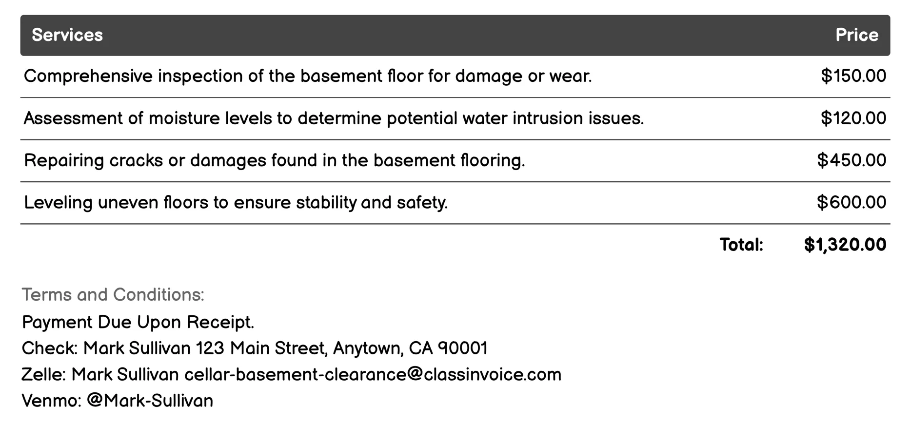 Flooring Assessment & Repair Invoice Example
