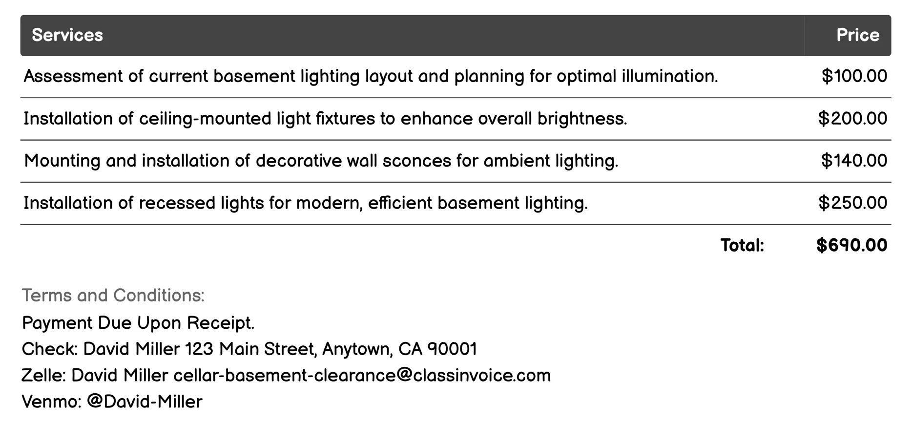 Lighting Installation Invoice Example
