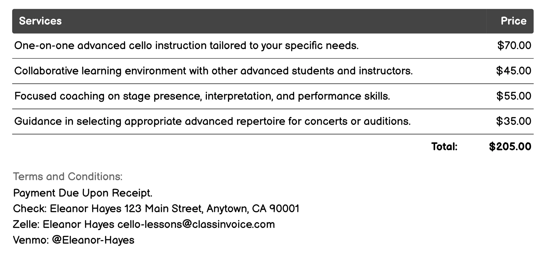 Advanced Cello Lessons Invoice Example