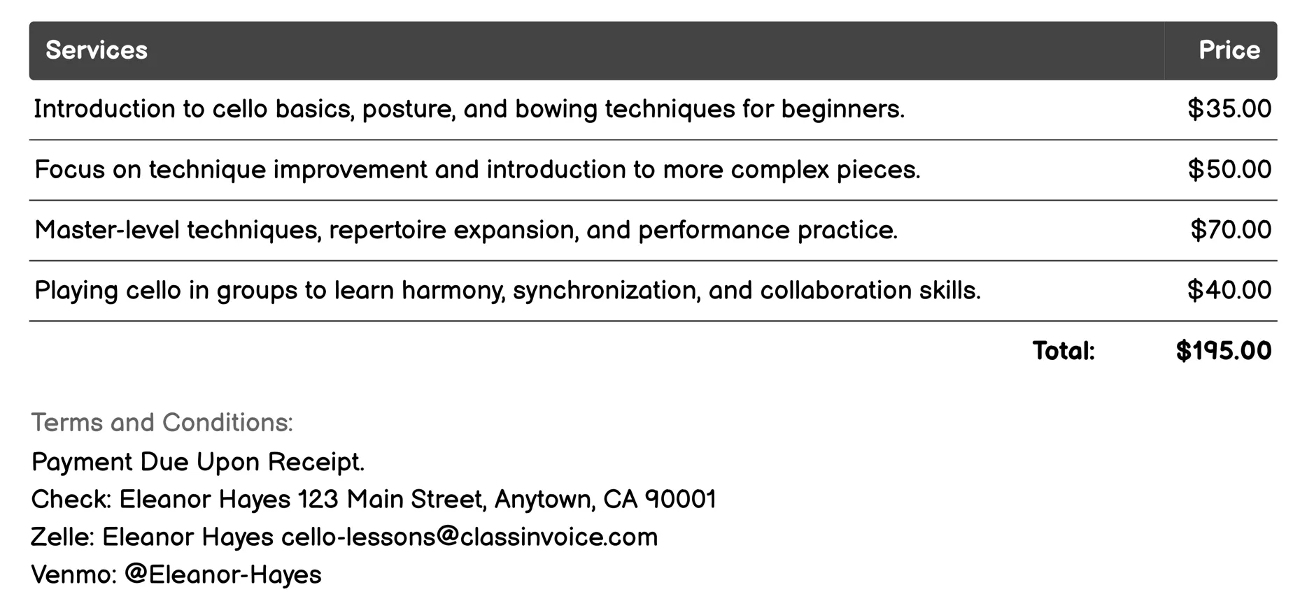 Group Cello Lessons Invoice Example