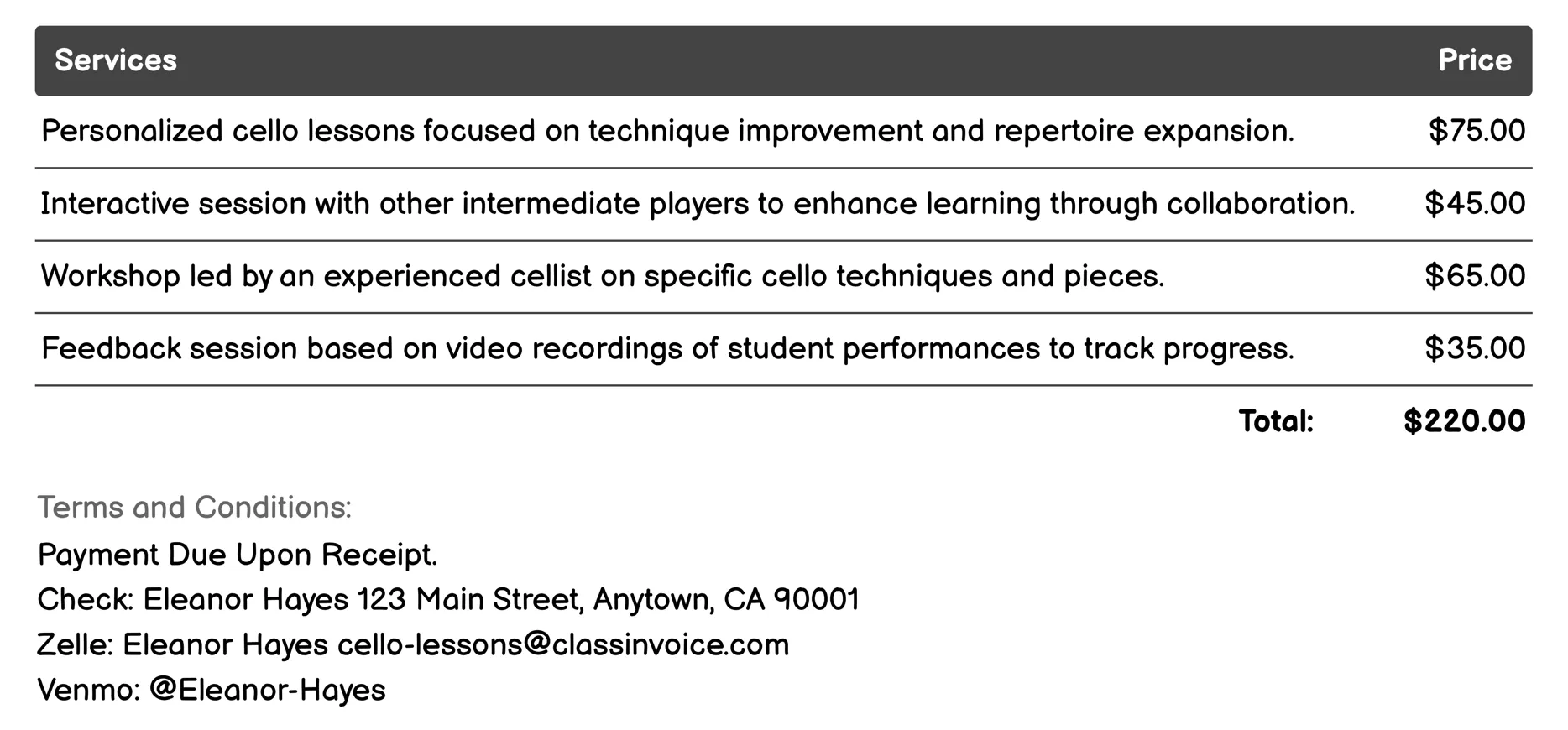 Intermediate Cello Lessons Invoice Example