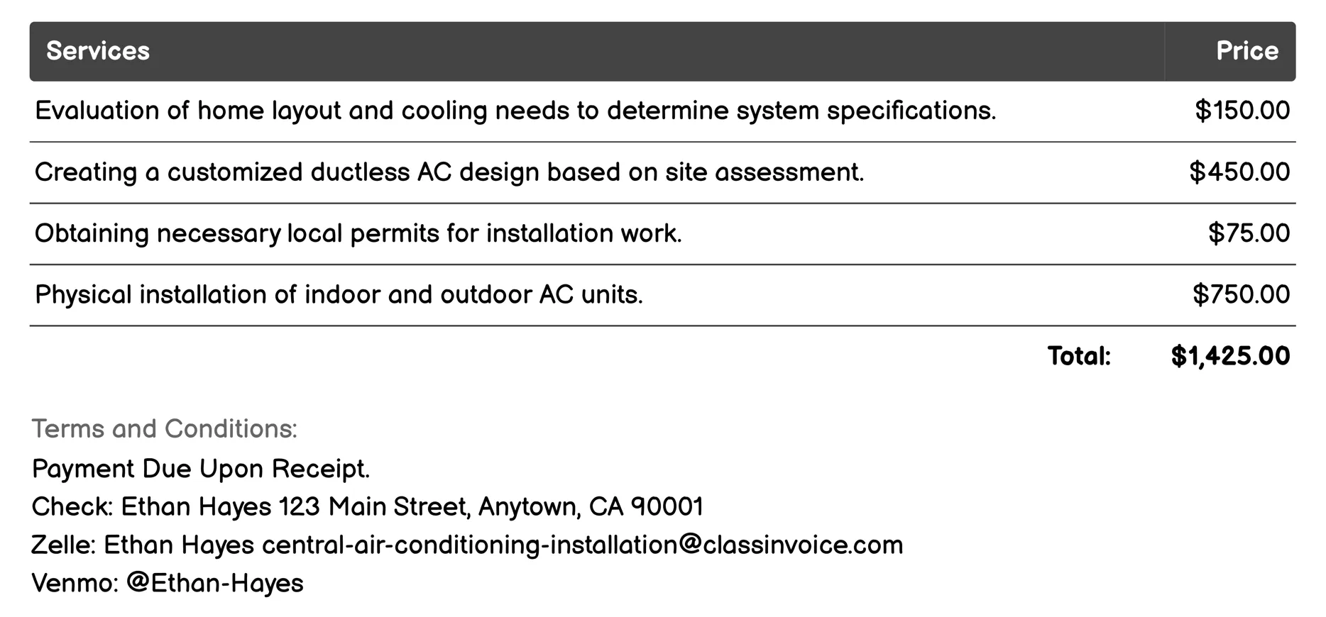 Ductless Central AC Installation Invoice Example