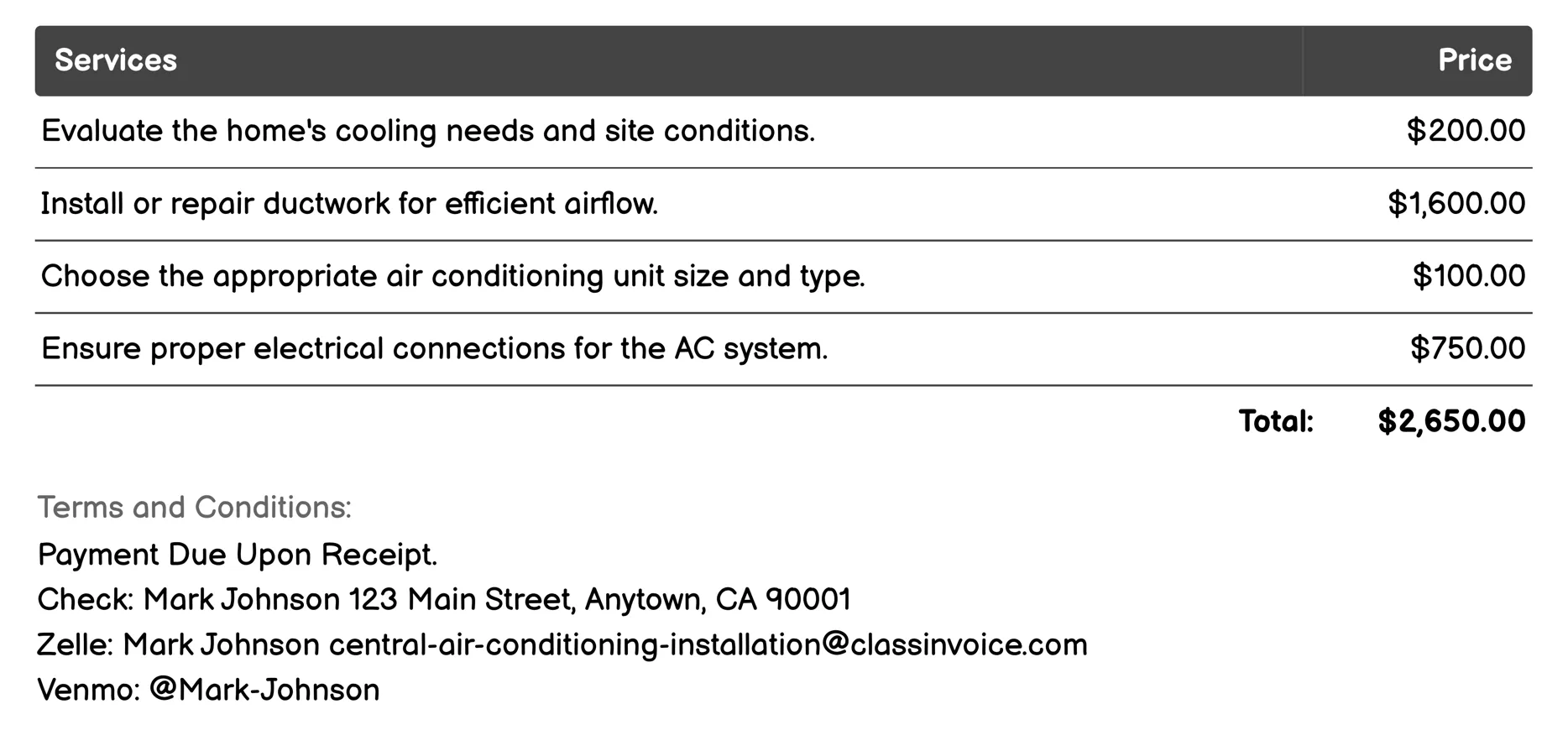 Residential Central AC Installation Invoice Example
