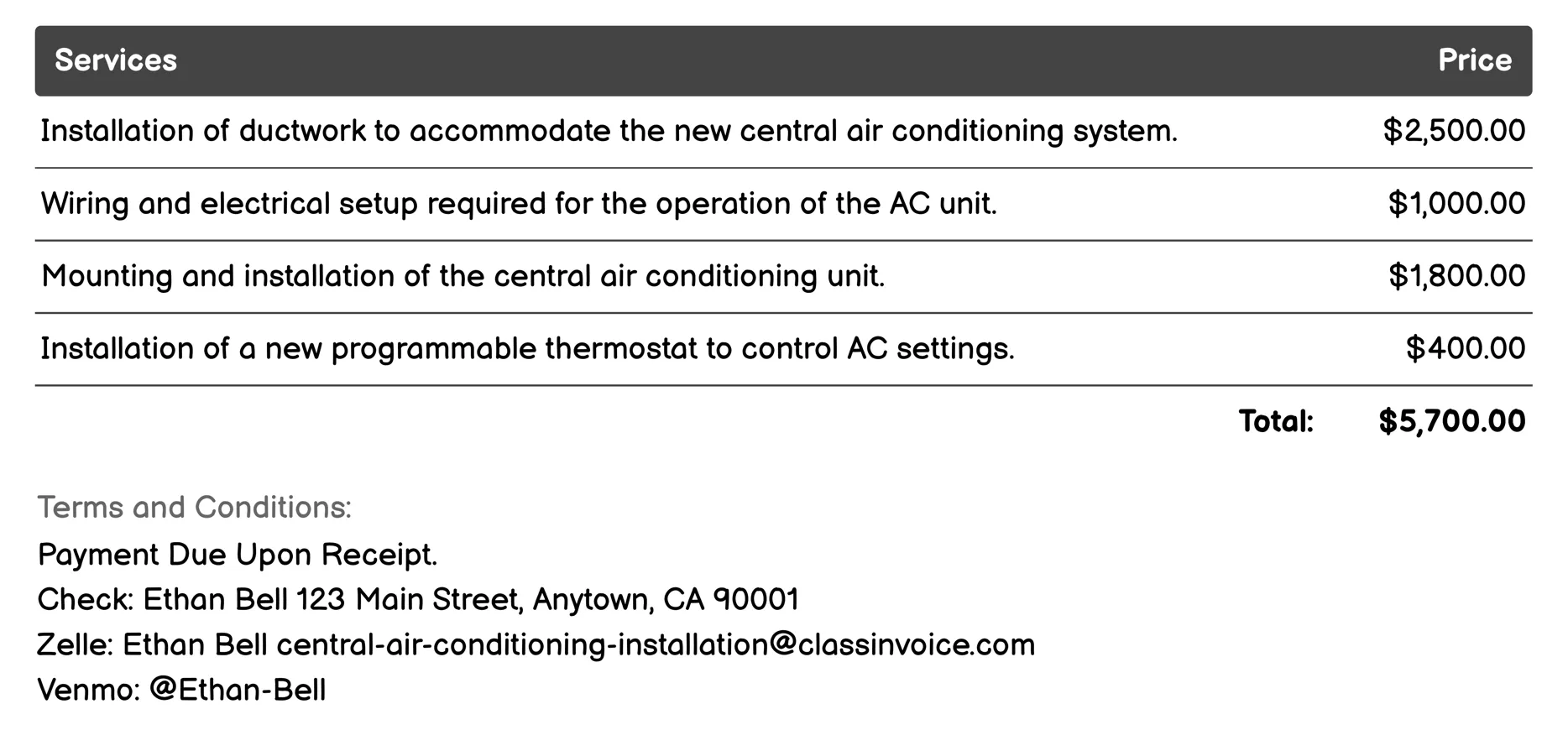 Retrofit Central Air Installation Invoice Example