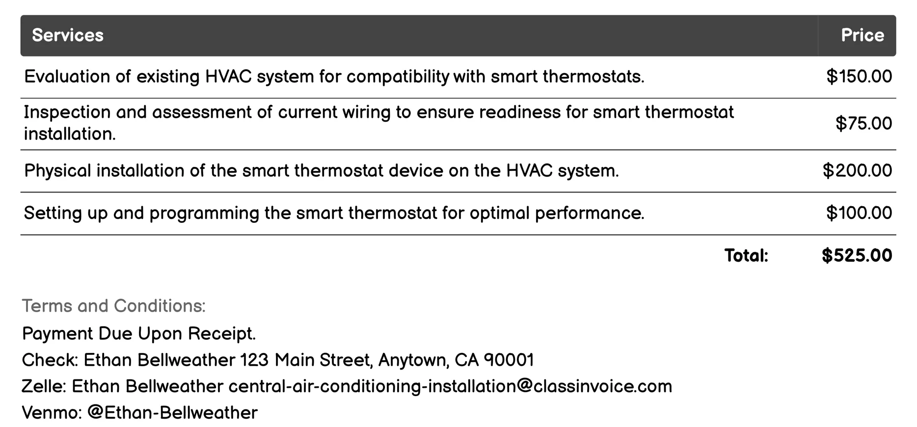Smart Thermostat Integration Invoice Example