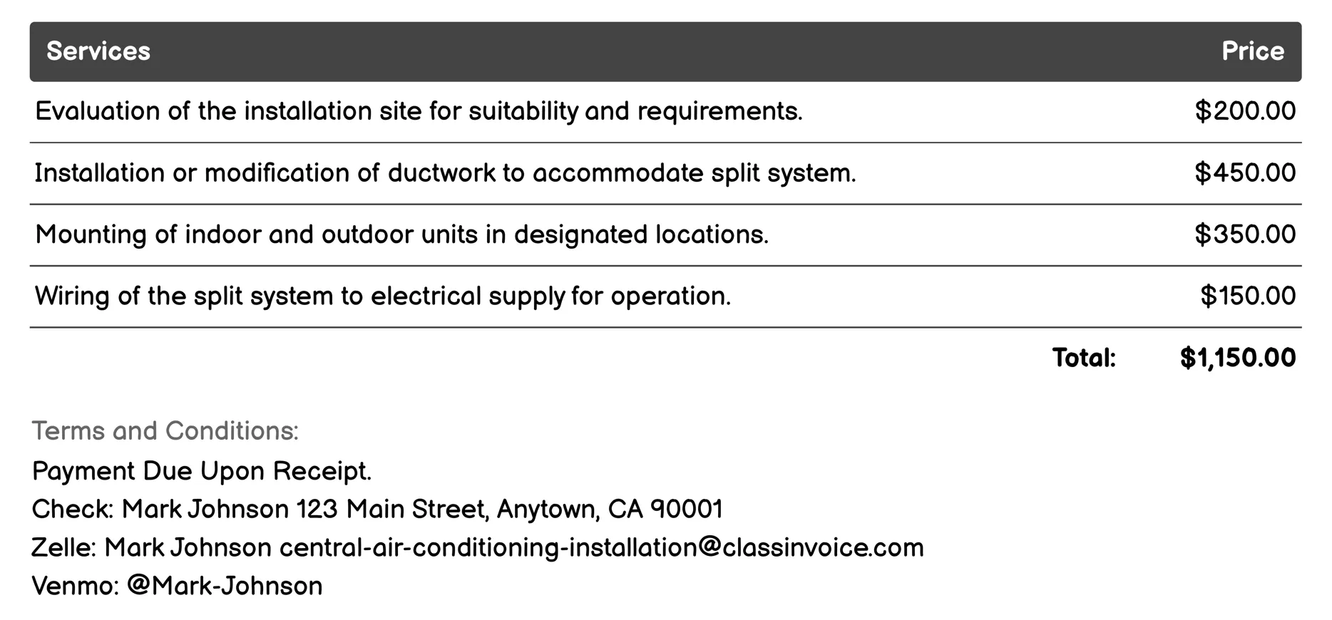 Split System Installation Invoice Example