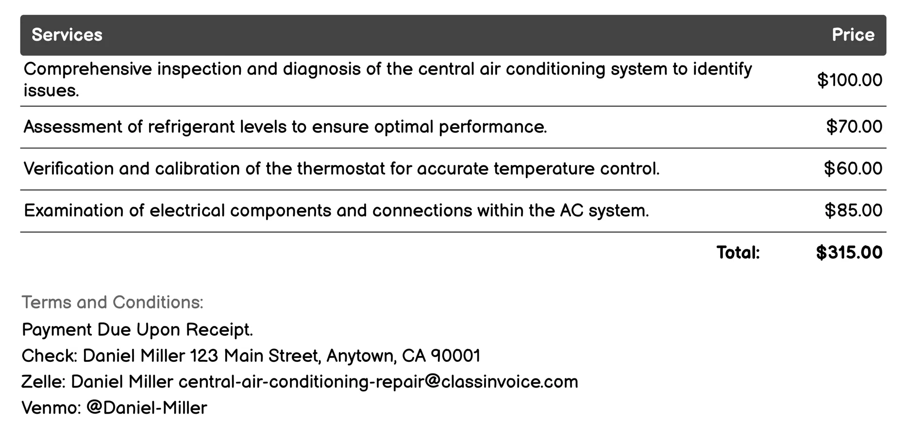 AC System Diagnosis Invoice Example
