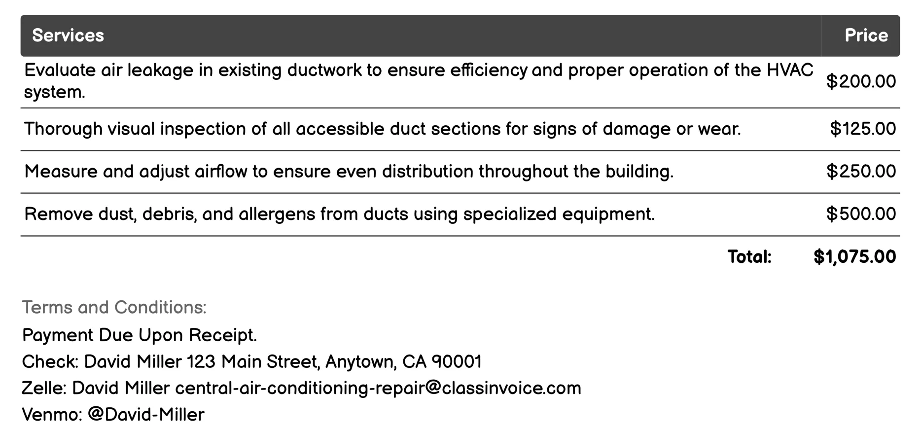 Ductwork Assessment Invoice Example