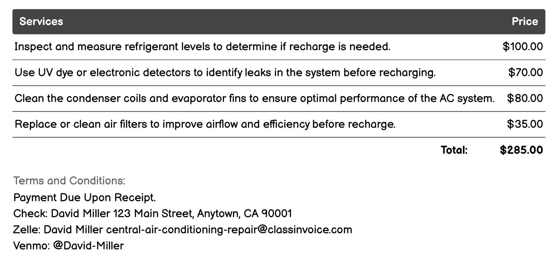 Refrigerant Recharge Invoice Example