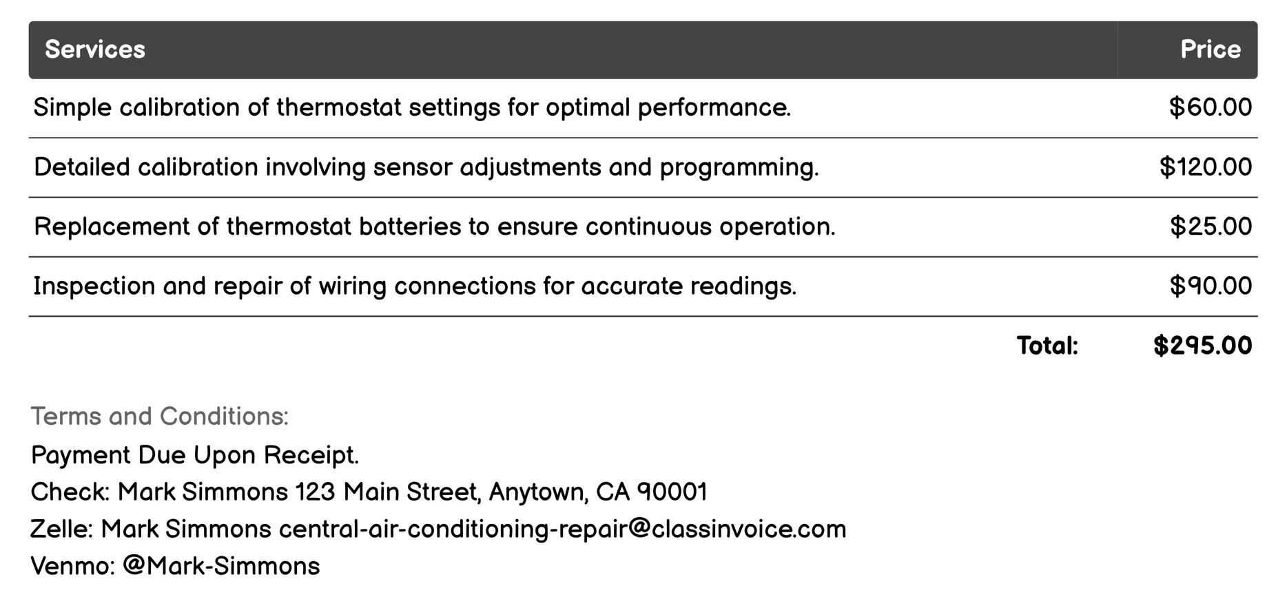 Thermostat Calibration Invoice Example