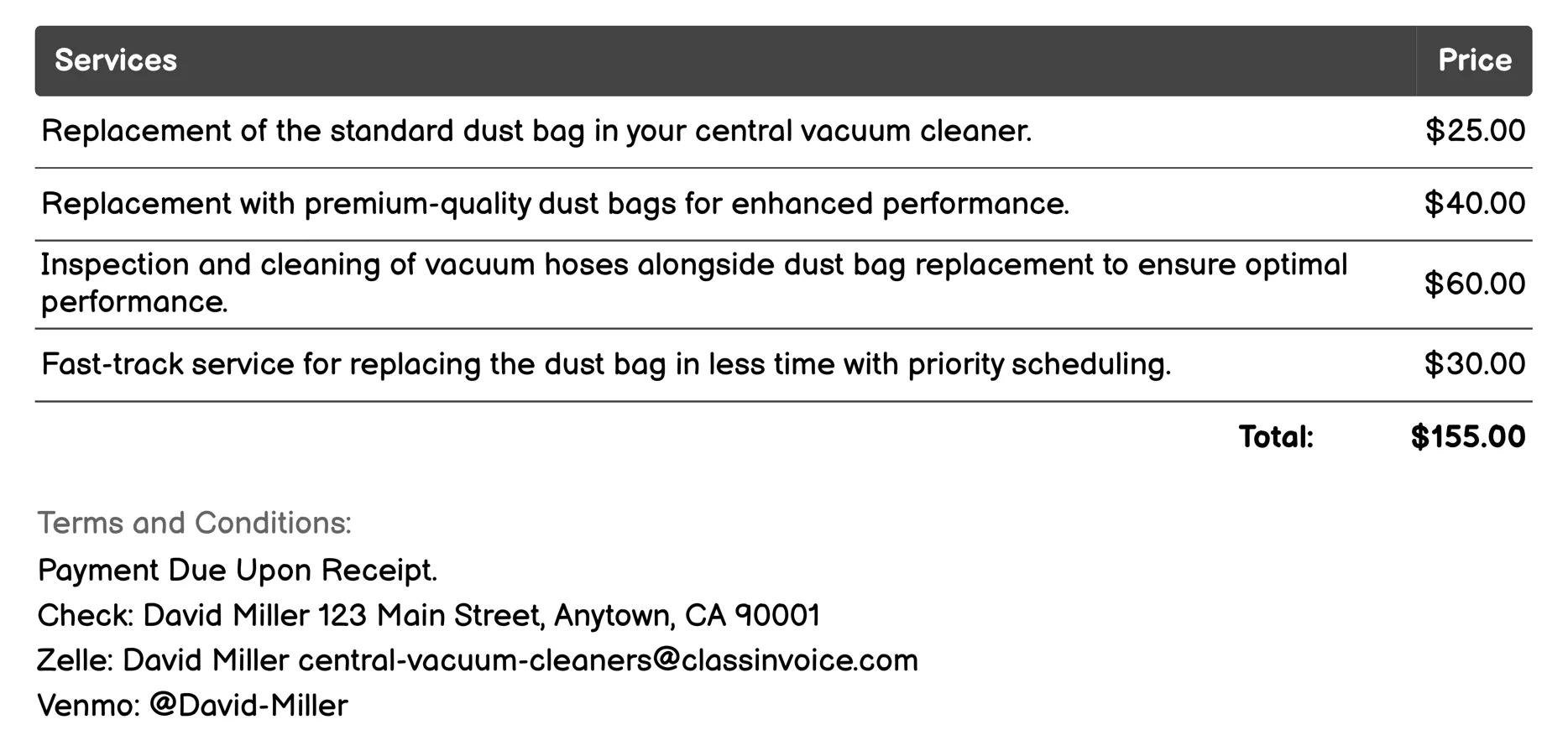 Dust Bag Replacement Invoice Example