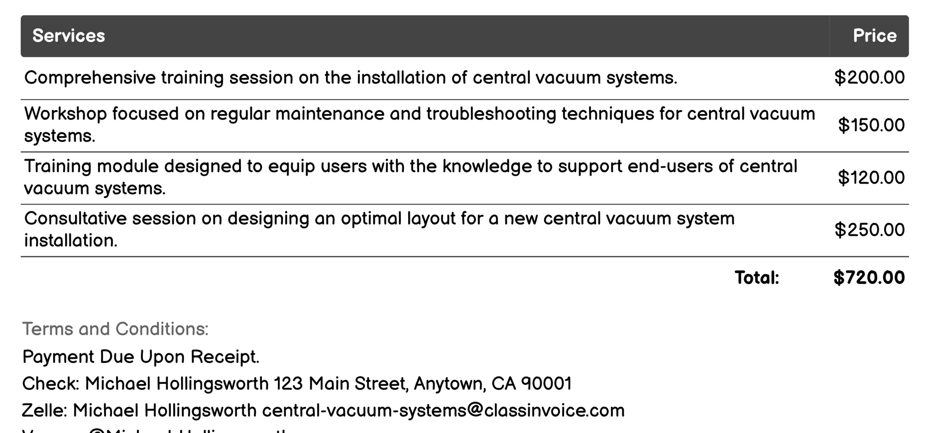 Training and Support Invoice Example