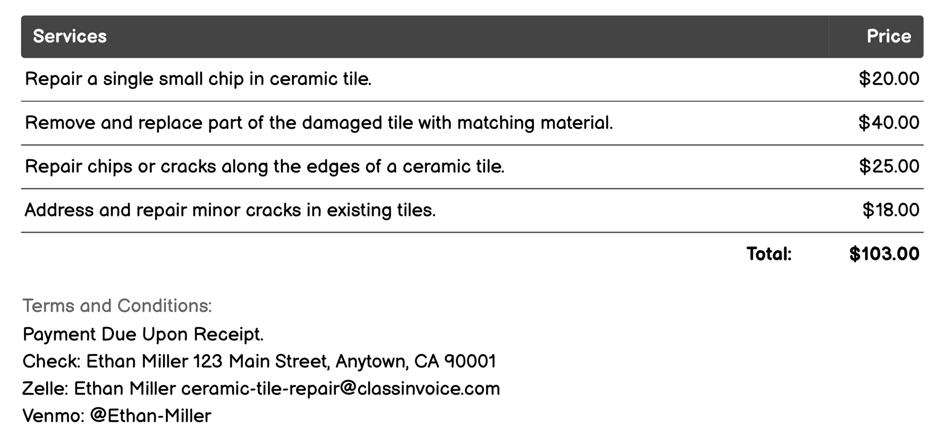 Chipped Tile Repair Invoice Example
