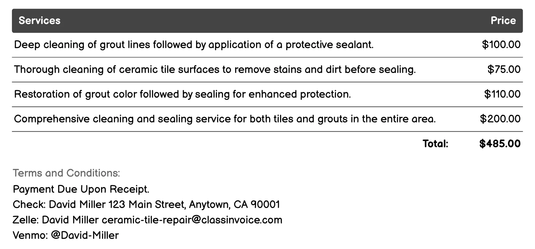 Sealing Services Invoice Example