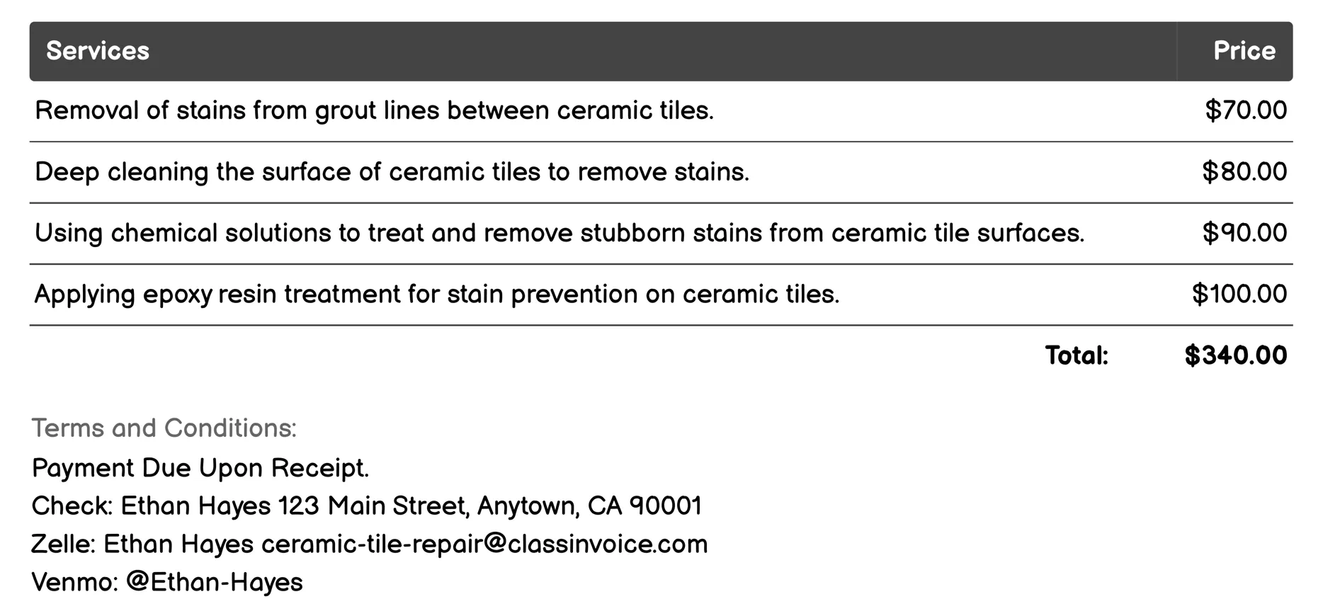 Stain Removal Invoice Example
