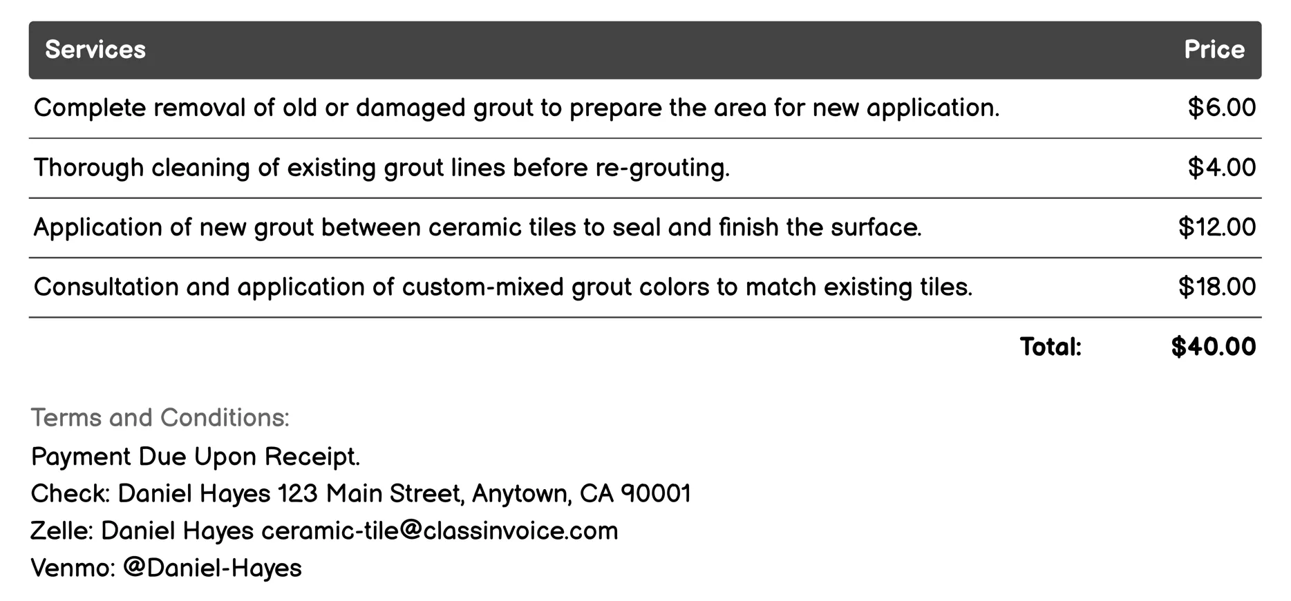 Grouting Invoice Example