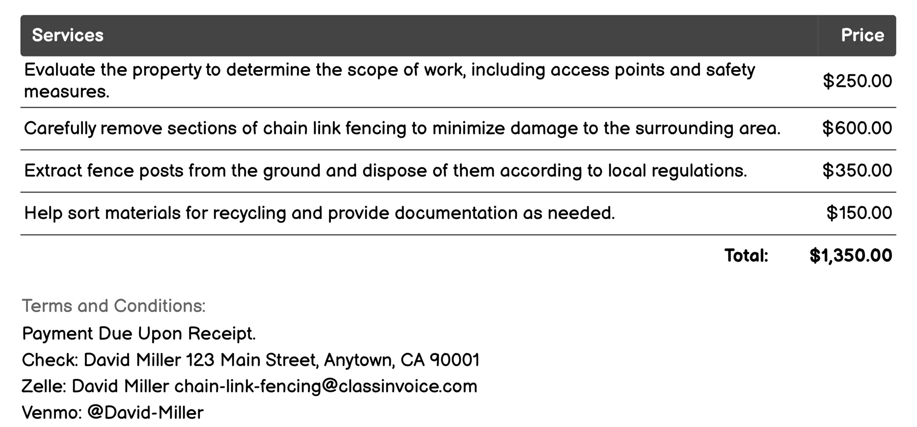 Chain Link Fence Removal and Disposal Services Invoice Example