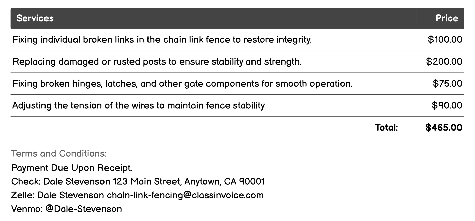 Chain Link Fence Repair Services Invoice Example