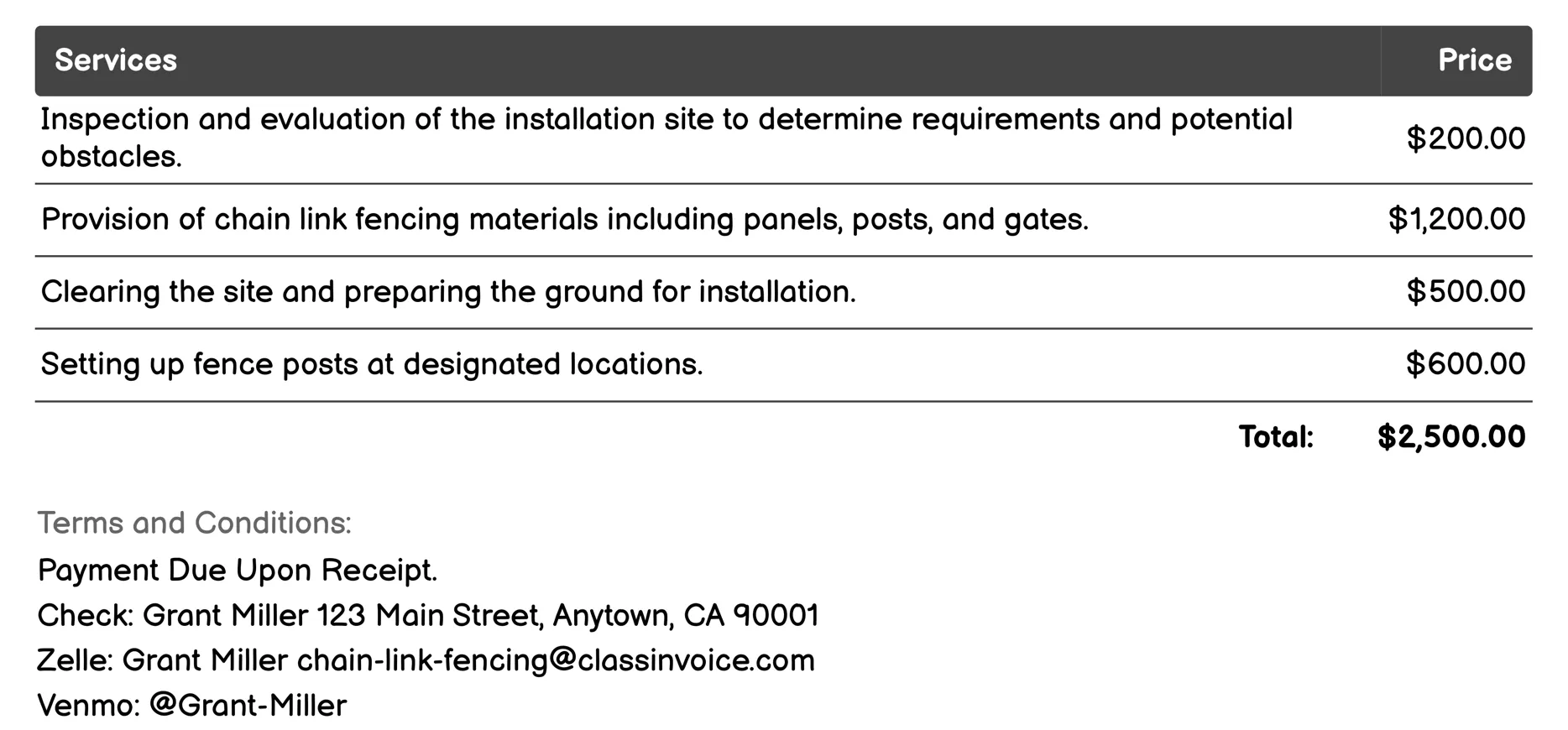 Commercial Chain Link Fence Installation Invoice Example