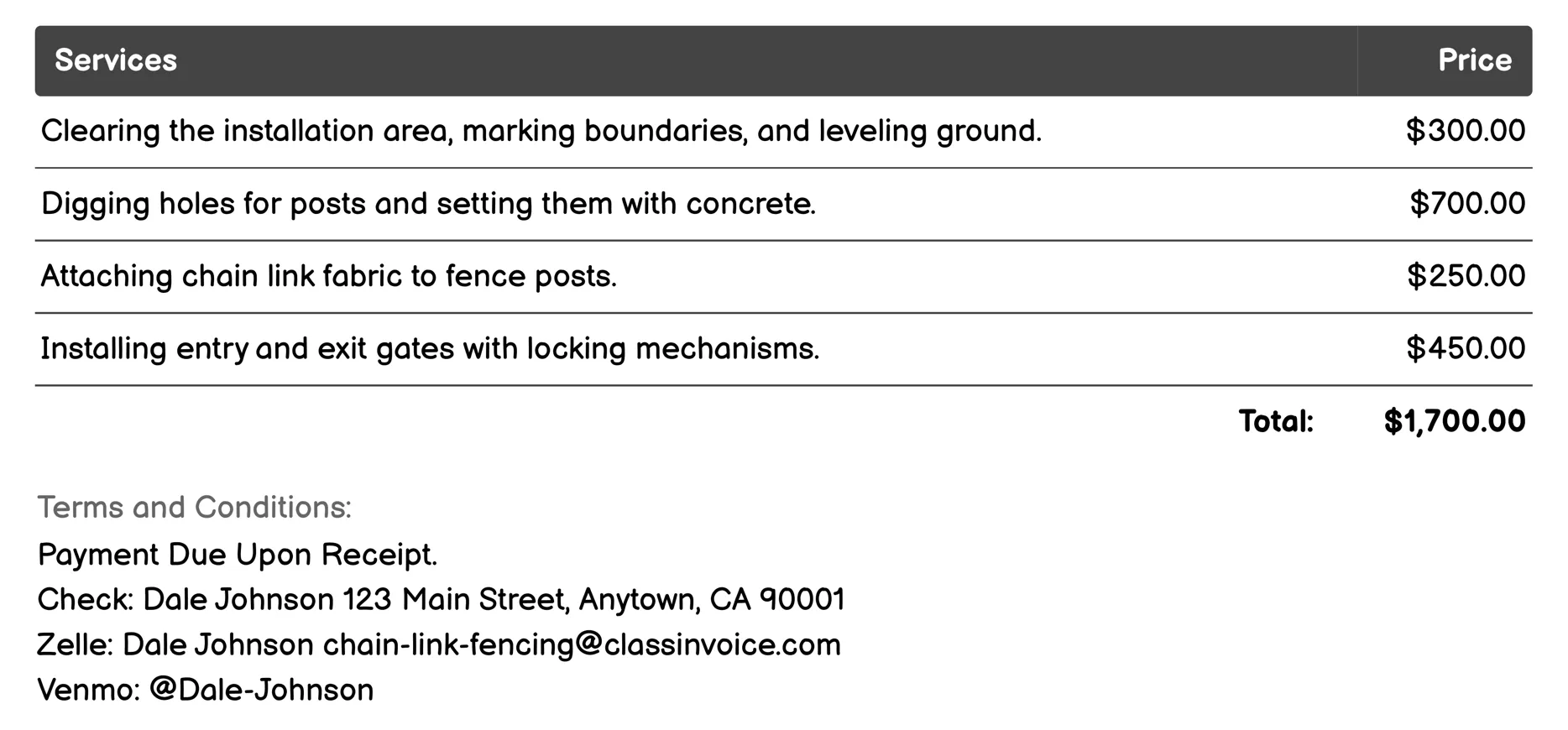 Residential Chain Link Fence Installation Invoice Example