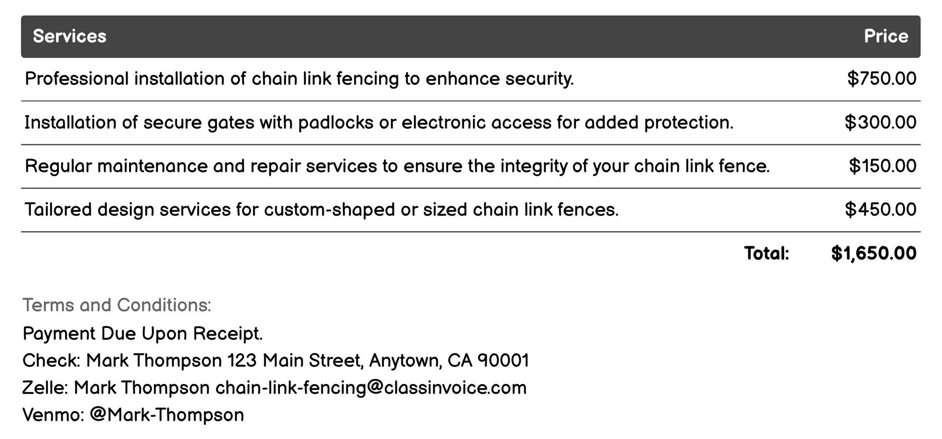 Security Enhancement with Chain Link Fencing Invoice Example