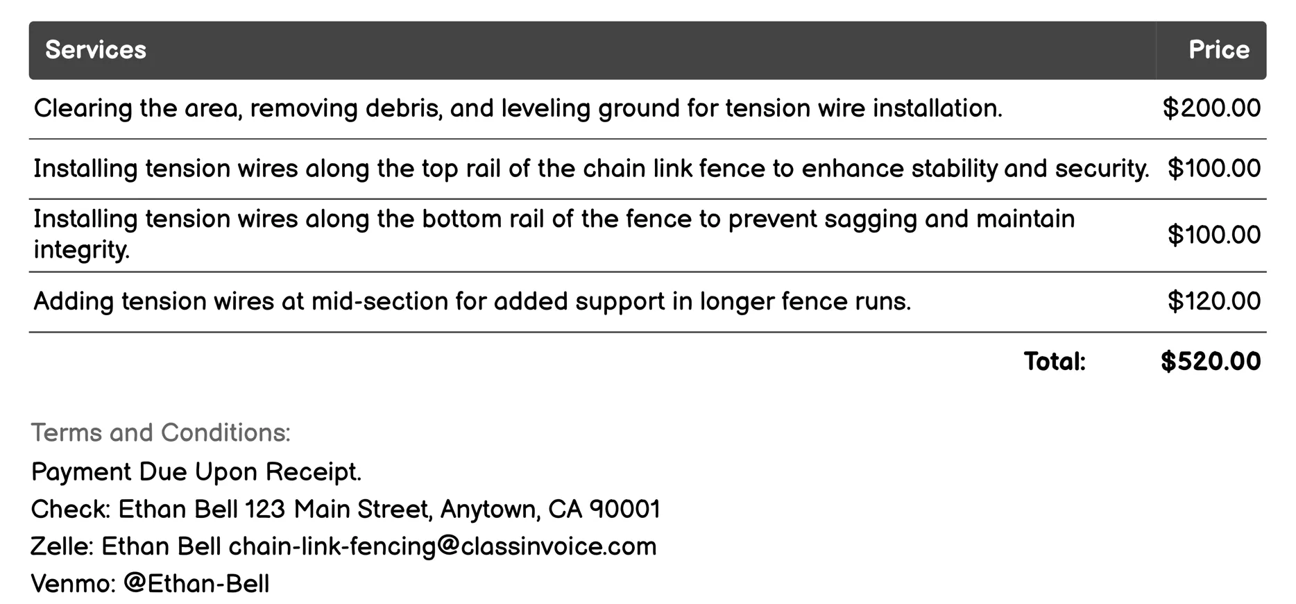 Tension Wire Installation Invoice Example