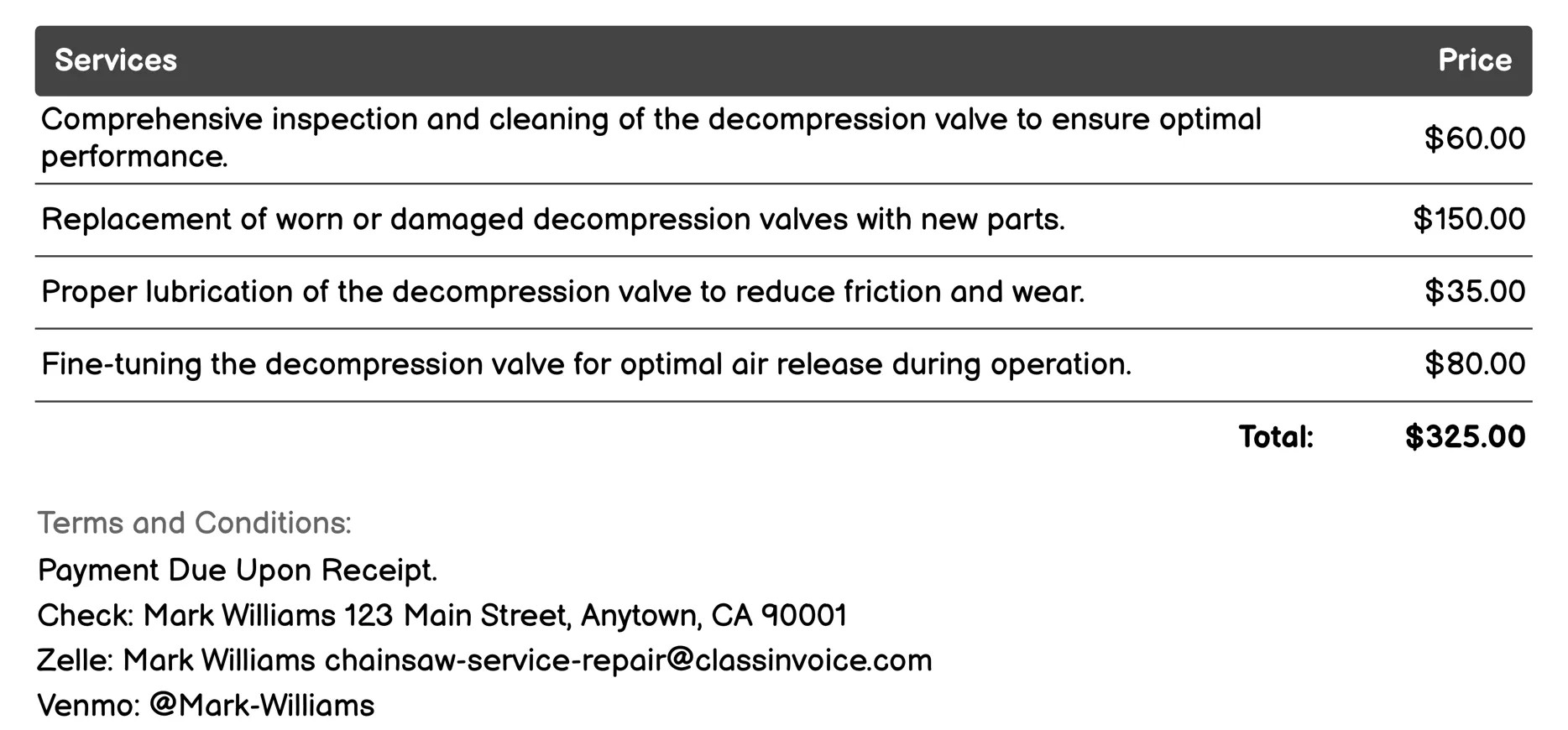 Decompression Valve Service Invoice Example
