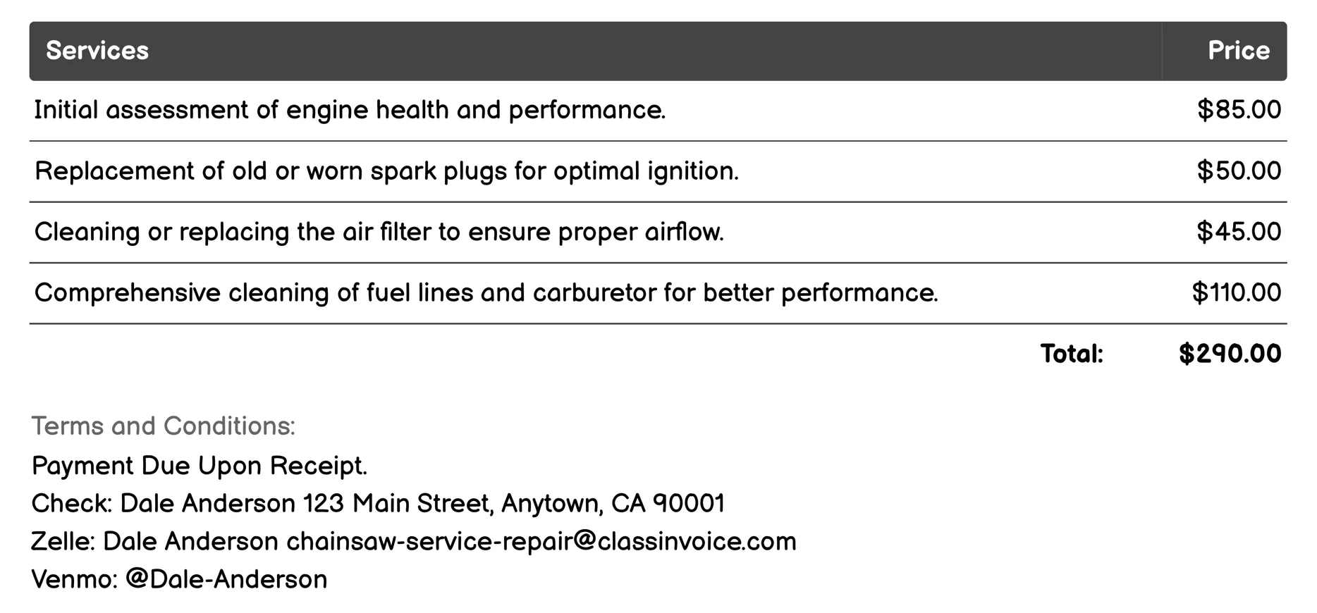 Engine Tuning and Repair Invoice Example