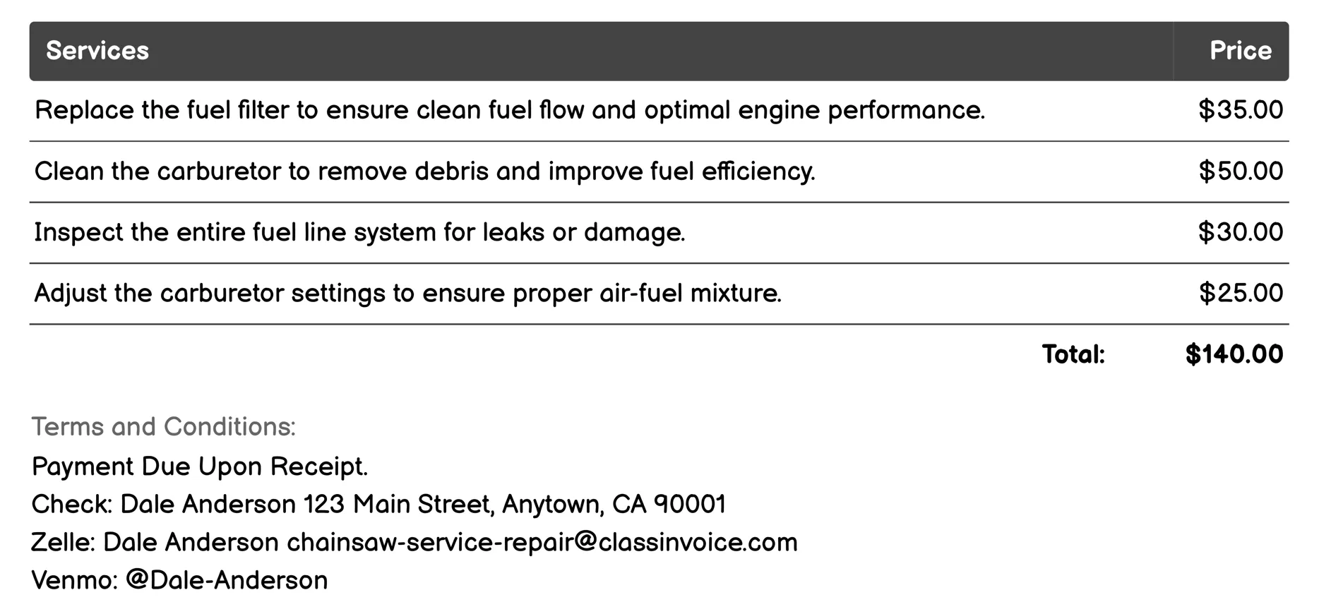 Fuel System Cleaning Invoice Example