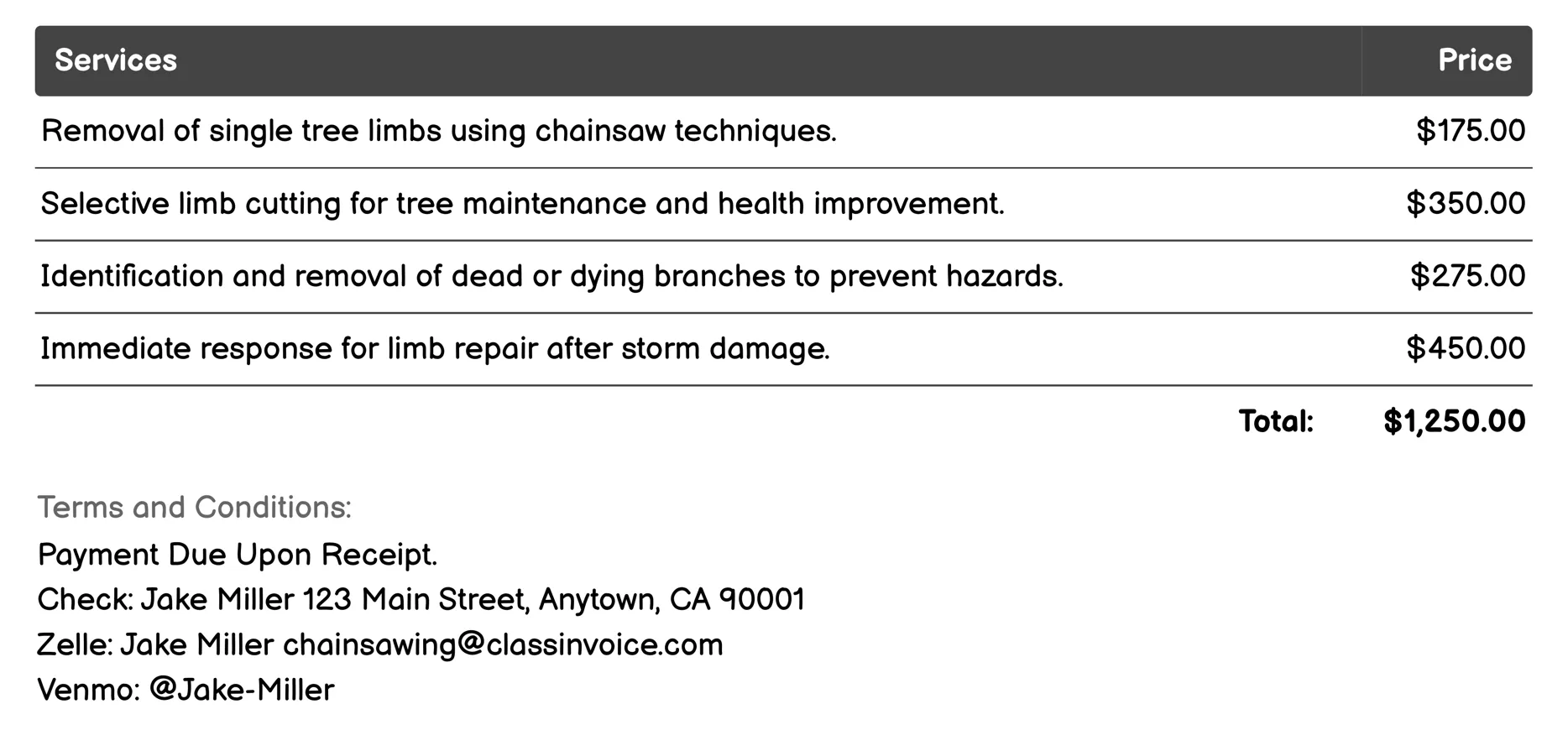 Limb Lift Services Invoice Example