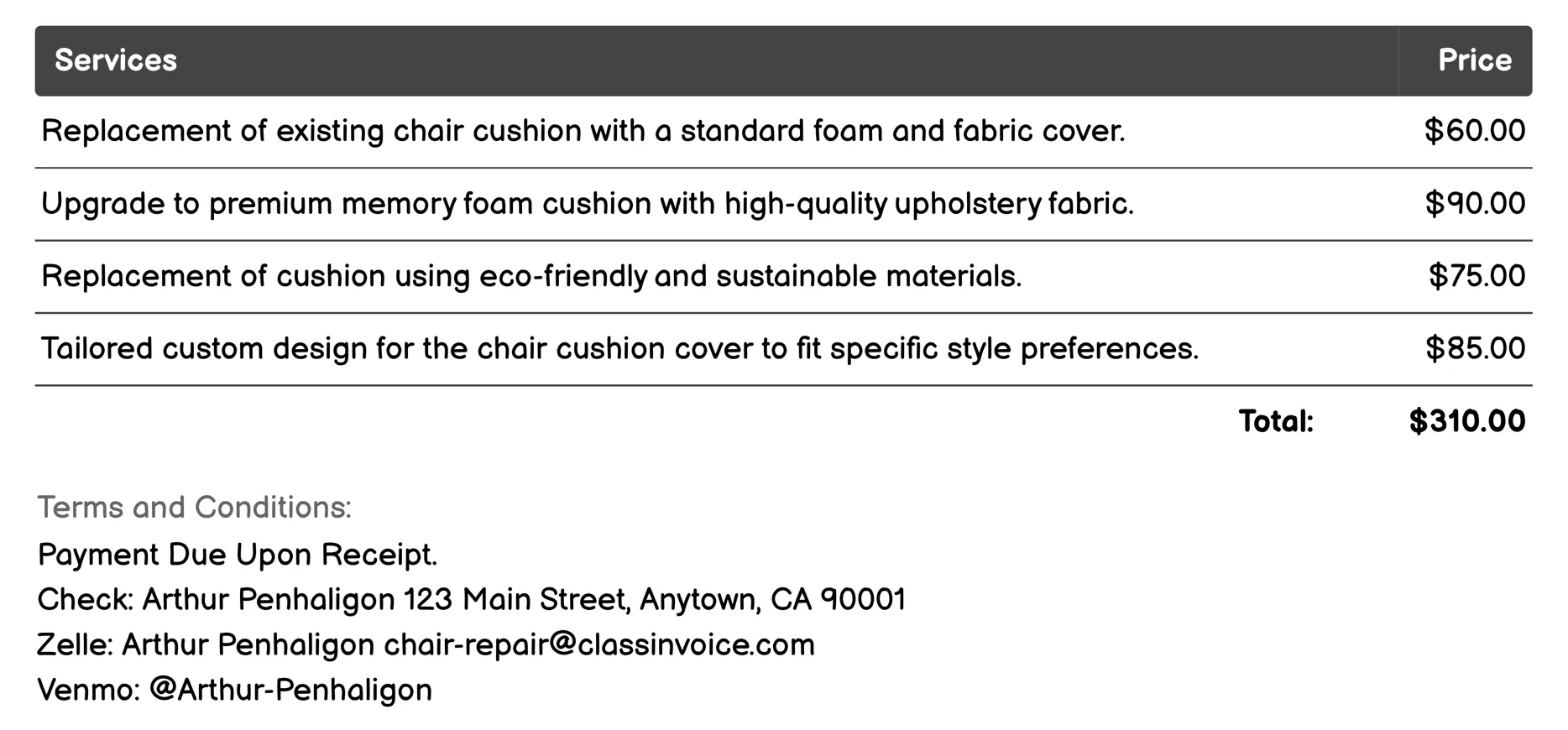 Cushion Replacement Invoice Example