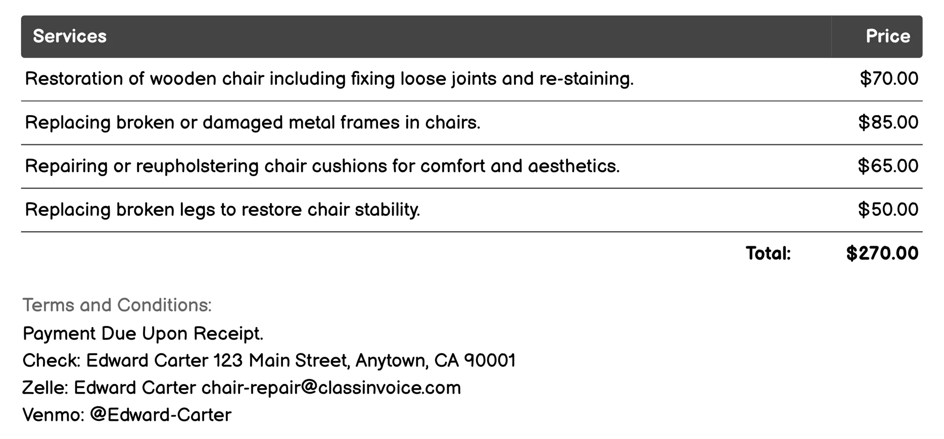 Furniture Restoration Invoice Example