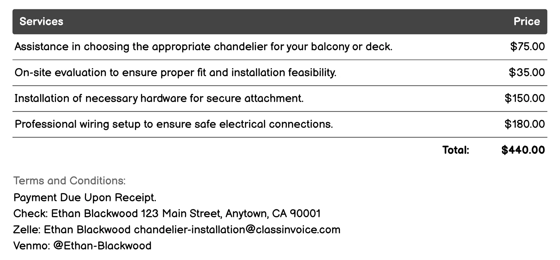 Balcony or Deck Chandelier Installation Invoice Example