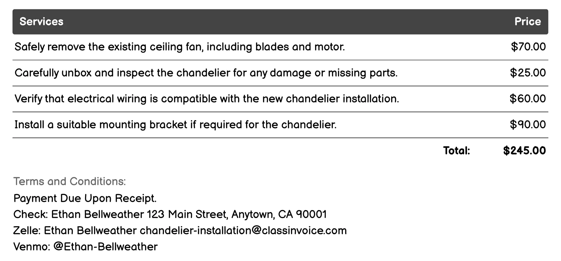 Ceiling Fan to Chandelier Conversion Invoice Example