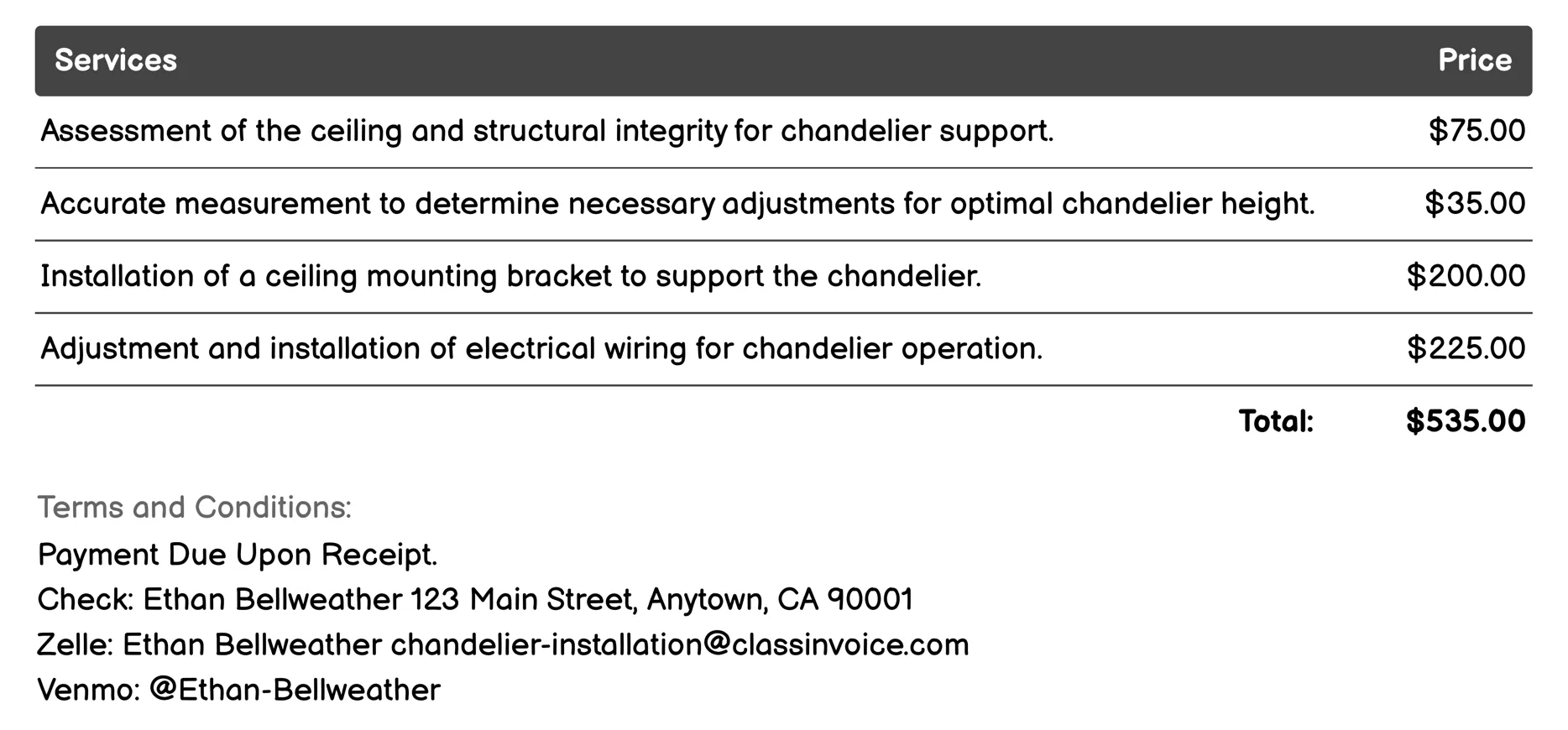 Ceiling Height Adjustment Invoice Example