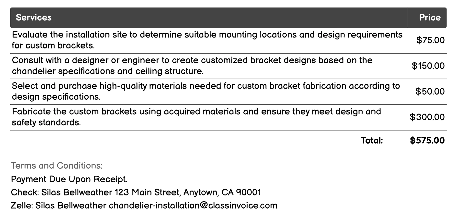 Custom Mounting Bracket Installation Invoice Example