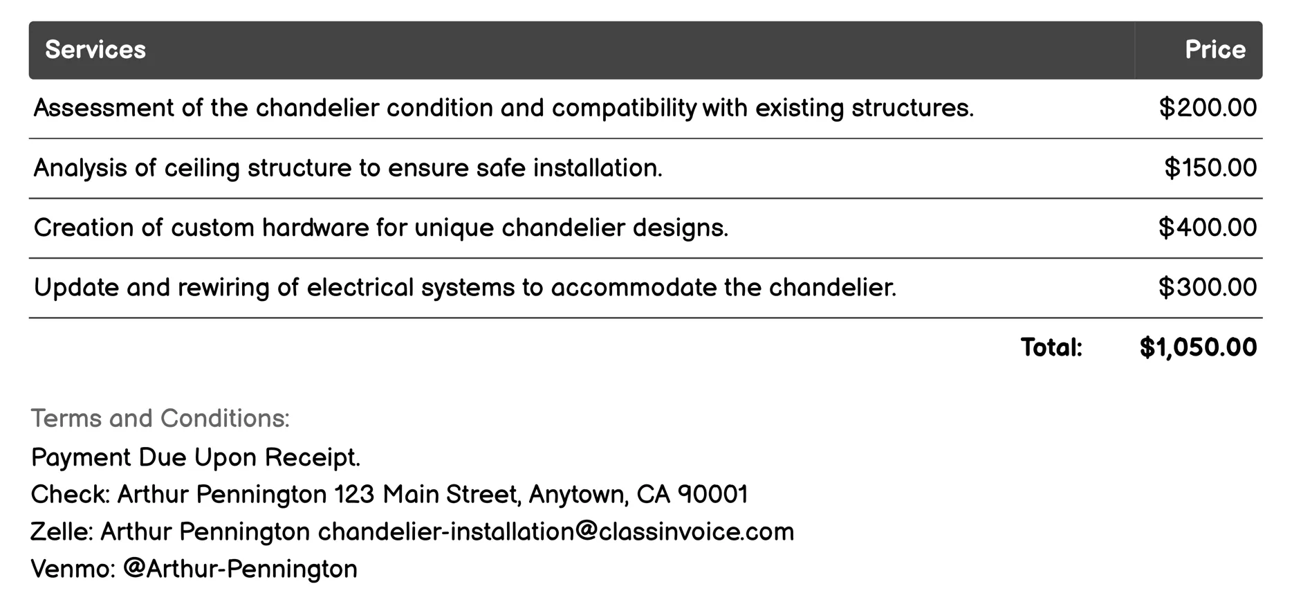 Historic/Restoration Chandelier Installation Invoice Example