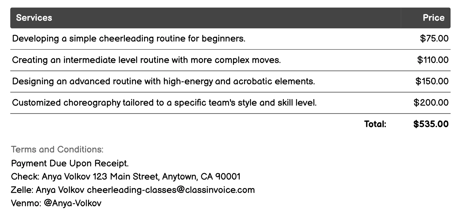 Routine Choreography Invoice Example