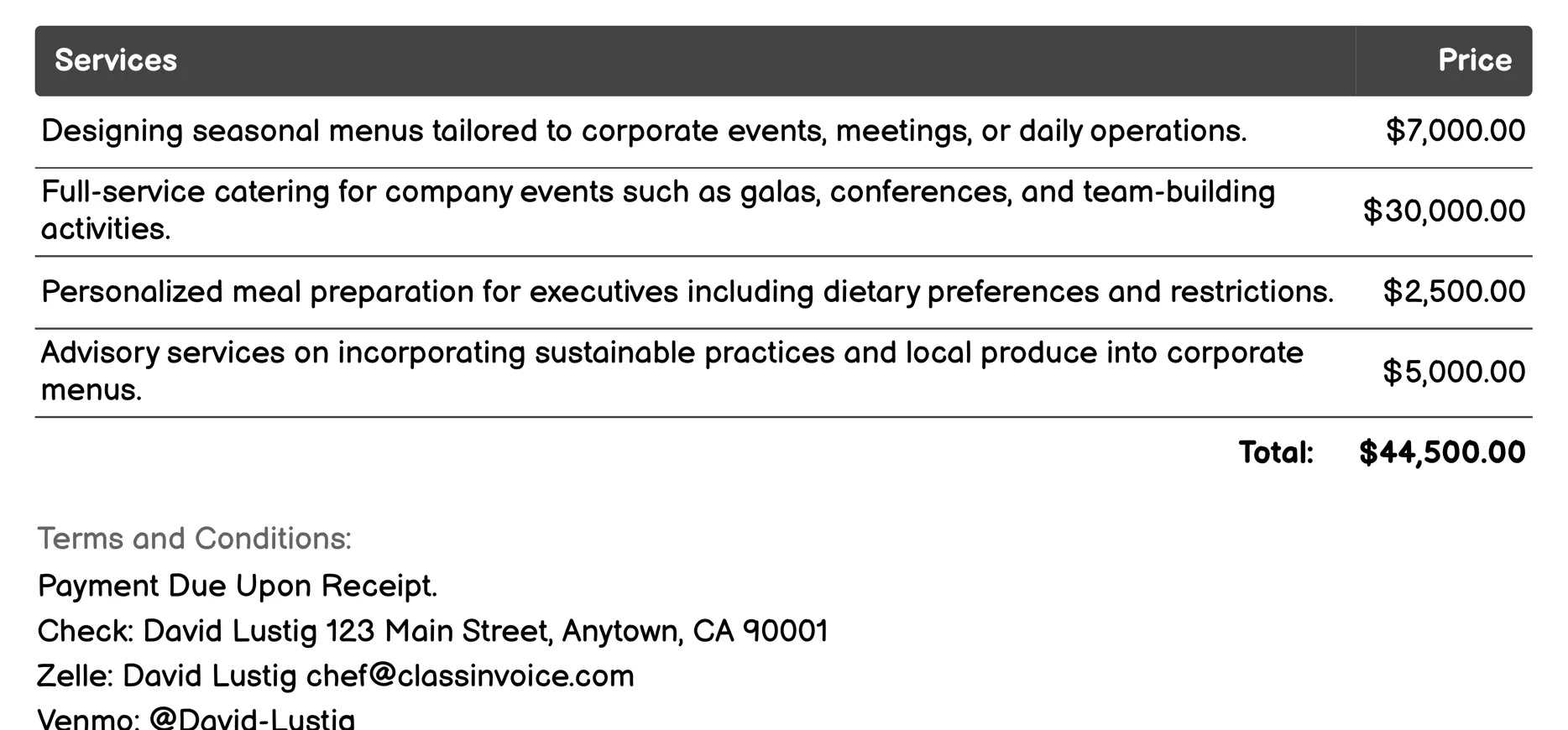 Corporate Chef Invoice Example